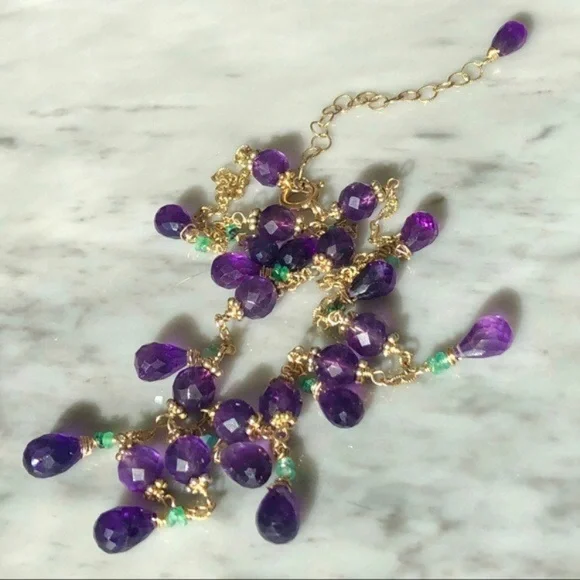 Natural African Amethyst Brazilian Emerald Gold Filled Necklace
